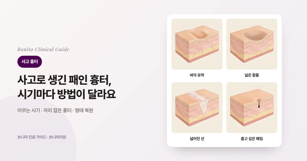 같은 피부 단면 블록 네 개에 바닥이 섬유 조직에 붙잡혀 꺼진 흉터, 지방층이 줄어 넓게 꺼진 자리, 넓게 벌어진 흉터 선, 좁고 깊게 패인 흉터를 각각 그리고 주로 검토하는 방법을 적은 카드