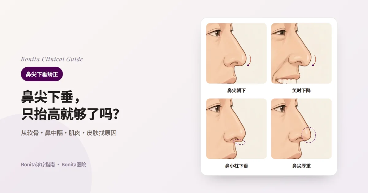 同一个人的四张侧面鼻子插图:鼻尖朝嘴唇方向下倾、笑时鼻尖更低、鼻小柱下垂、鼻尖厚重下垂,每张卡片写出可能的原因和要确认的内容。
