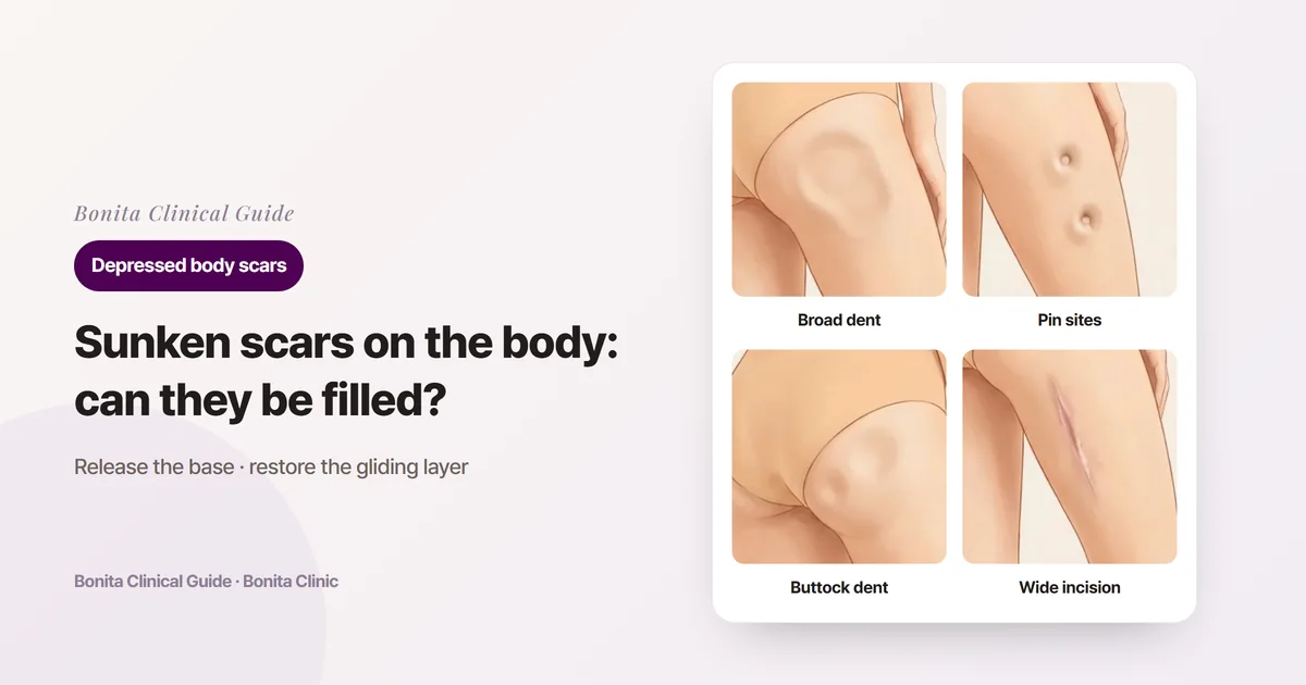 Four cards on the same back view of the hips and thighs: a broad sunken injury scar on the back of the thigh, two round pin-site scars drawn in on the outer thigh