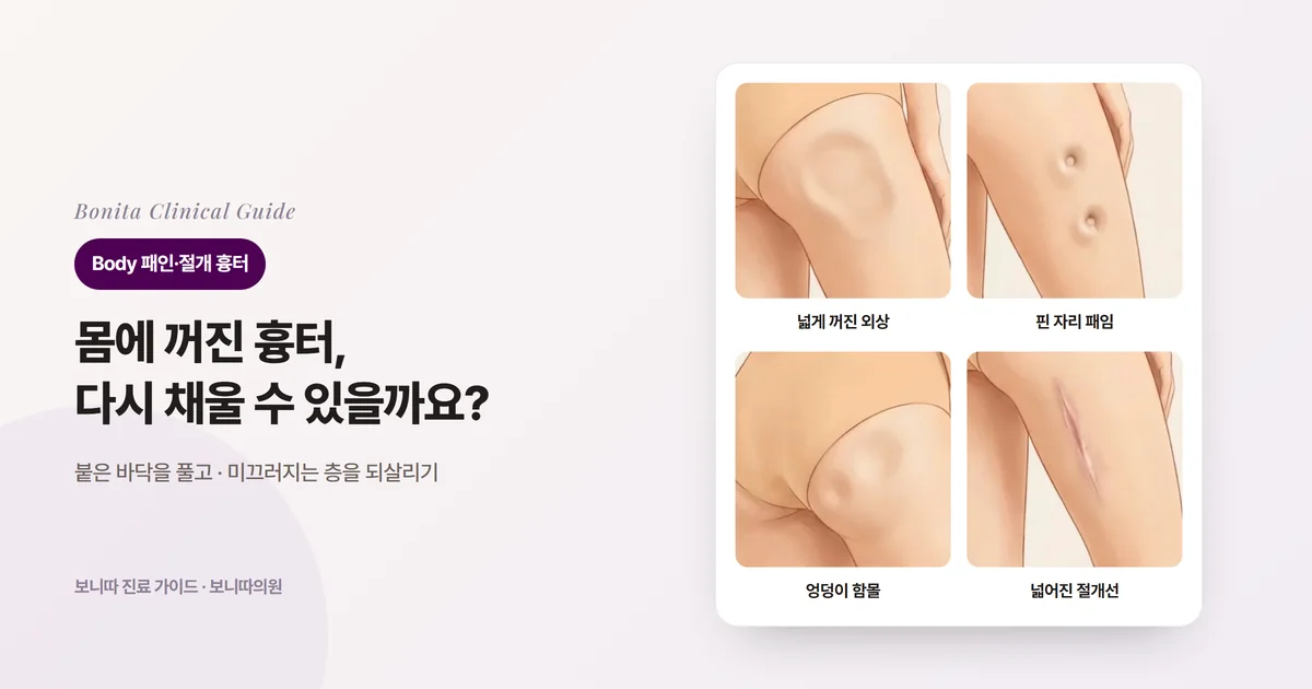 뒤에서 본 엉덩이·허벅지 삽화 네 장에 허벅지 뒤의 넓게 꺼진 외상 흉터, 허벅지 바깥쪽에 둥글게 끌려 들어간 핀 자리 두 개, 엉덩이 아래쪽의 함몰, 허벅지 뒤의 넓어진 절개 흉터를 그리고 먼저 검토하는 방법을 적은 카드