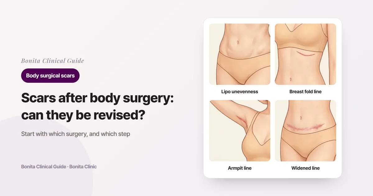 Four cards on the same torso: lumpy unevenness on the lower abdomen after liposuction, a red, widened incision line under the breast, a red incision line in the raised armpit