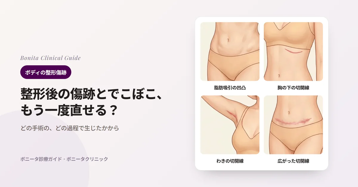 同じ人の胴体のイラスト4枚に、下腹部の脂肪吸引後のでこぼこ、胸の下の赤く広がった切開線、上げた腕のわきの赤い切開線、下腹部を横切る広がった切開線を描き、まず見る点を書いたカード
