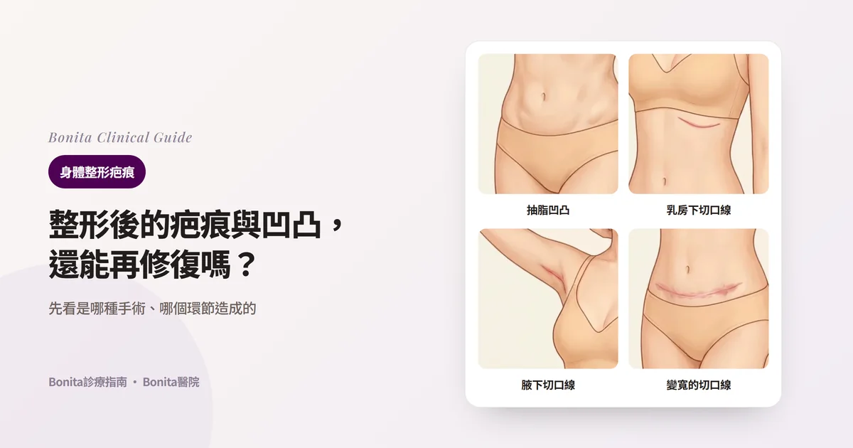 同一個人的軀幹插畫四張，分別畫出下腹部抽脂後的凹凸不平、乳房下方泛紅變寬的切口線、舉起手臂的腋下泛紅切口線、橫過下腹部變寬的切口線，並寫出首先要看的地方