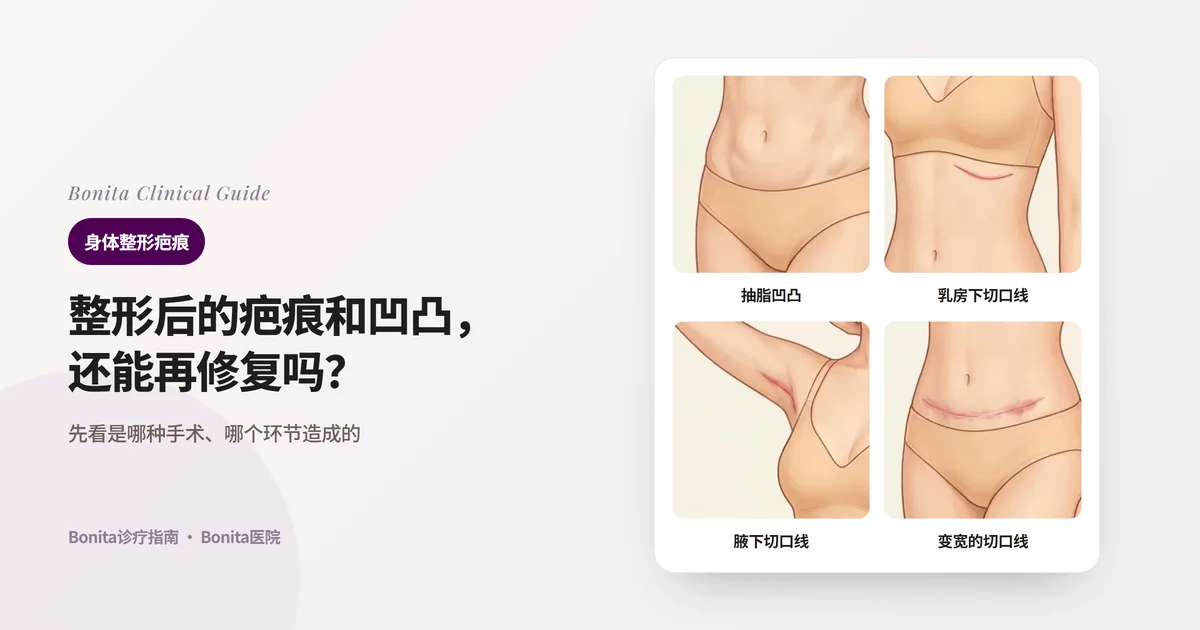 同一个人的躯干插画四张,分别画出下腹部抽脂后的凹凸不平、乳房下方发红变宽的切口线、举起手臂的腋下发红切口线、横过下腹部变宽的切口线,并写出首先要看的地方