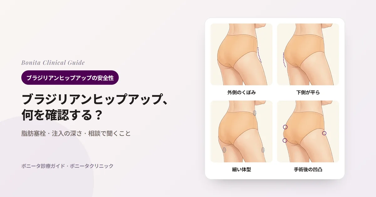 斜め後ろから見たお尻のイラスト4枚に、外側がくぼんで横のラインがない場合、下側のボリュームが足りない場合、取れる脂肪が少ない細い体型、以前の手術後の凹凸をそれぞれ示し、まず確認することを書いたカード