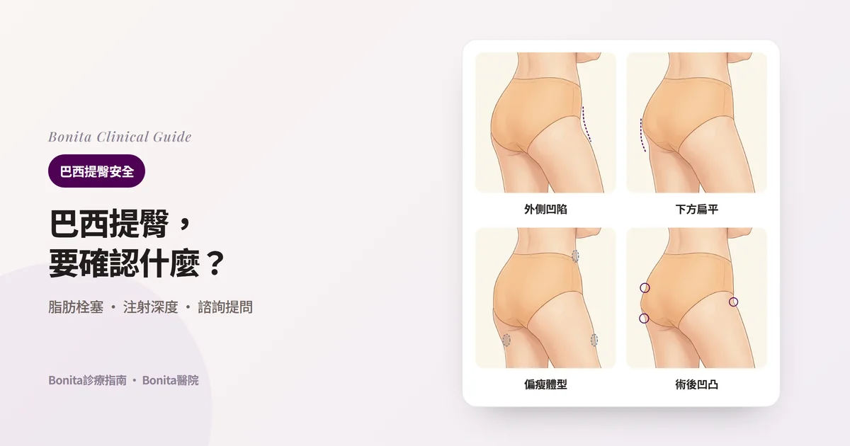 四張從斜後方看的臀部插圖，分別標示外側凹陷沒有側面線條、下方扁平、可抽脂肪少的偏瘦體型、以前手術後的凹凸，並寫出首先確認的重點