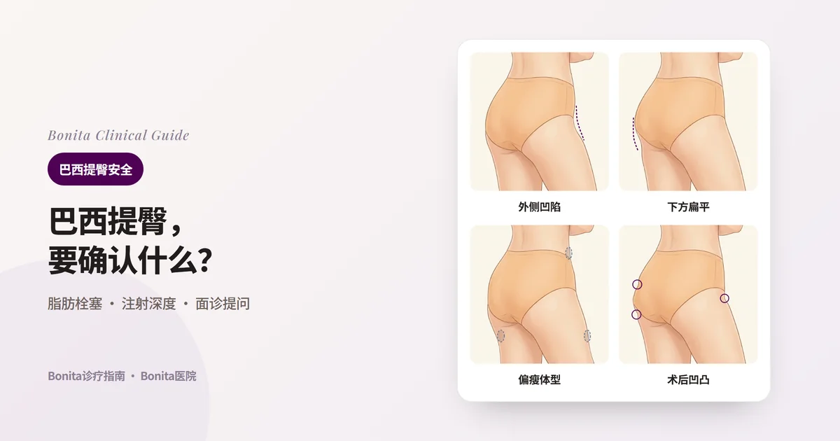 四张从斜后方看的臀部插图，分别标示外侧凹陷没有侧面线条、下方扁平、可抽脂肪少的偏瘦体型、以前手术后的凹凸，并写出首先确认的重点