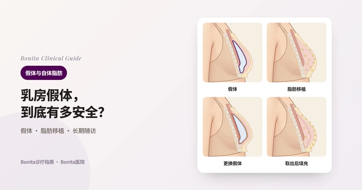 四张乳房侧面剖面图：乳腺下的假体与包膜、分小份注入乳房组织之间的脂肪、被增厚包膜挤压的假体、取出假体后的空间与注入皮下的脂肪，并写出各自适合的情况和需要了解的要点