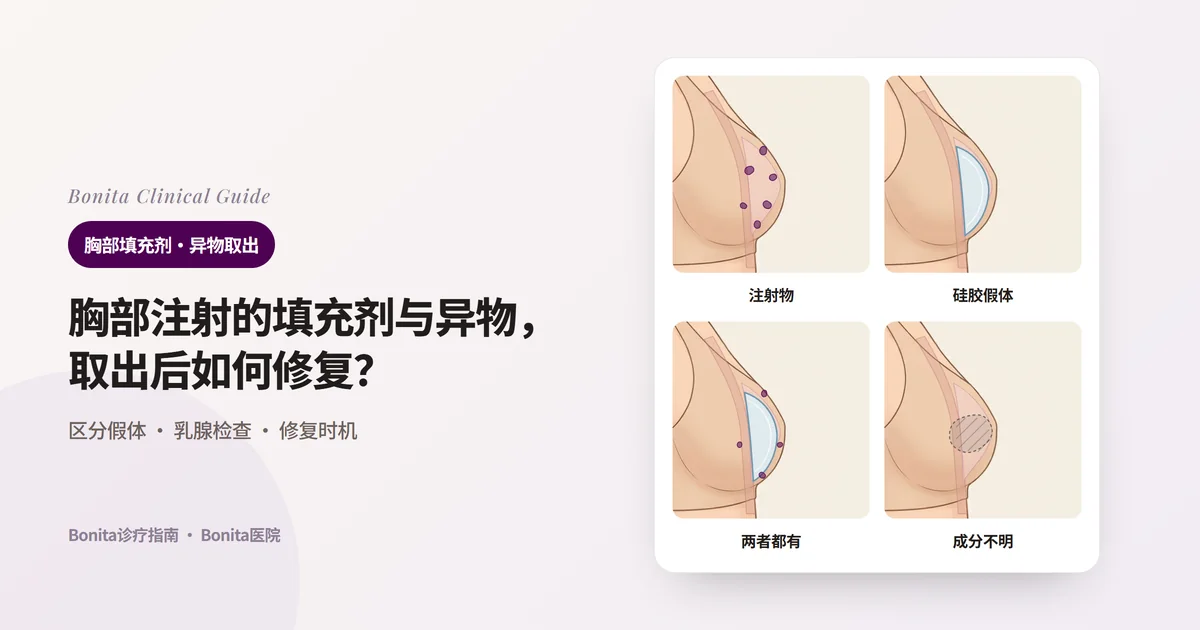 在同一张乳房侧面图上叠画内部情况的四张卡片：只有注射物、只有硅胶假体、两者都有、不清楚是什么，并写出各自的处理方向