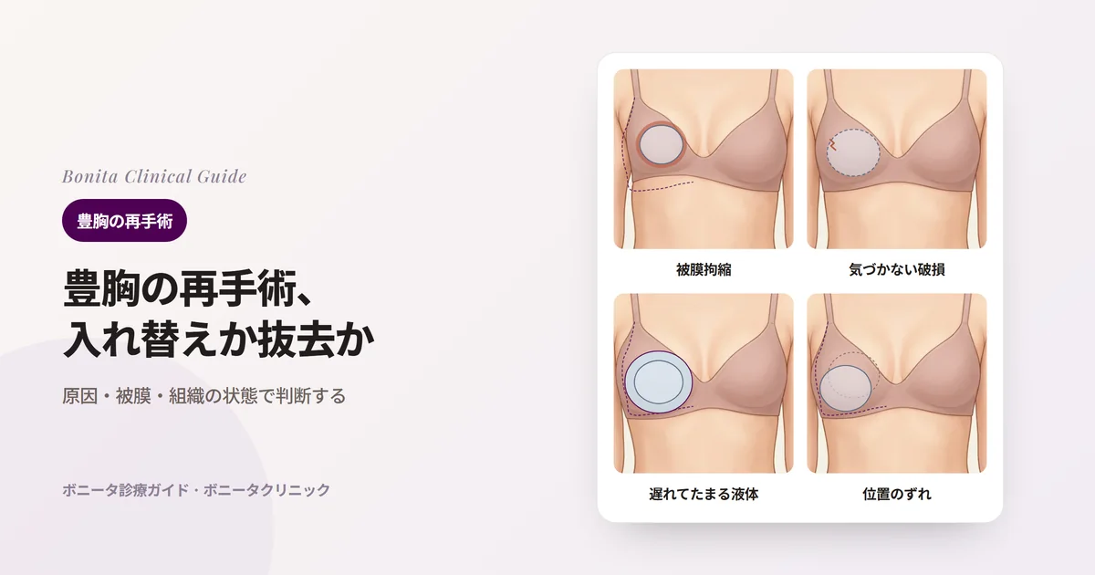 同じ人の胸の正面4枚。片側が硬くなり高く丸く変わりインプラント周囲の被膜が締まった場合、外見は同じだが中でインプラントが破れている場合、片側が腫れインプラント周囲に液体がたまった場合、片側のインプラントがもとの位置から下や外にずれた場合を、変わる前の輪郭(点線)とともに示し、それぞれ先に行う検査や診察を書いたカード