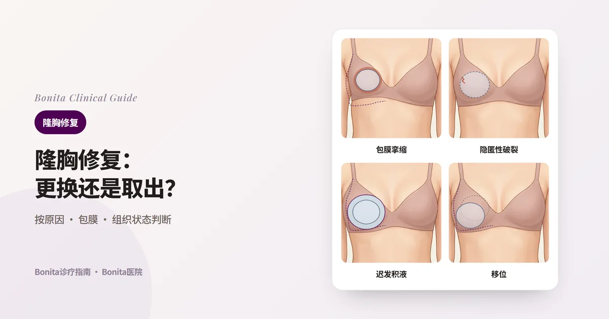 同一人的四张胸部正面图：一侧变硬、位置变高变圆且假体周围包膜收紧，外观不变但假体内部破裂，一侧肿胀且假体周围积液，一侧假体从原来的位置向下或向外移位，并以变化前的轮廓（虚线）对照，写出各自应先做的检查