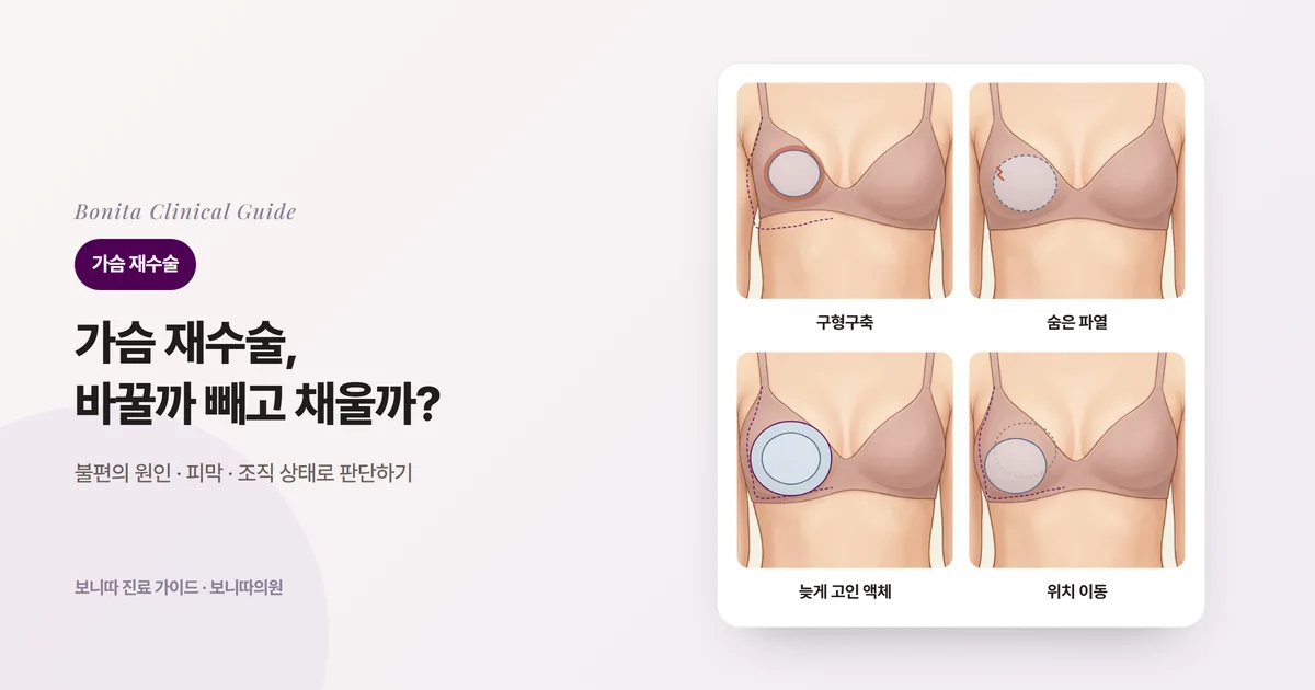 같은 사람의 가슴 앞모습 네 장. 한쪽이 단단해져 높고 둥글게 변하고 보형물 둘레 피막이 조인 경우, 겉은 그대로지만 안에서 보형물이 찢어진 경우, 한쪽이 붓고 보형물 둘레에 액체가 고인 경우