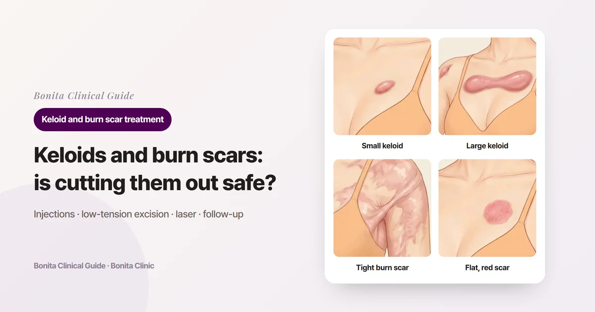 Four cards on a chest illustration: a small keloid in the middle of the chest, large thick keloids on the chest and shoulder, a wide burn scar pulling across the shoulder and front of the armpit