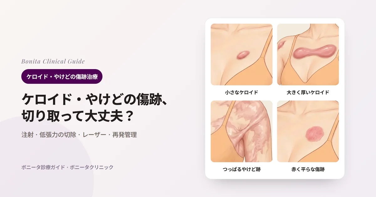 前胸部のイラスト4枚に、胸の中央の小さなケロイド、胸と肩の大きく厚いケロイド、肩とわきの前でつっぱる広いやけどの傷跡、鎖骨の下の平らでも赤い傷跡をそれぞれ描き、最初に検討する治療を書いたカード