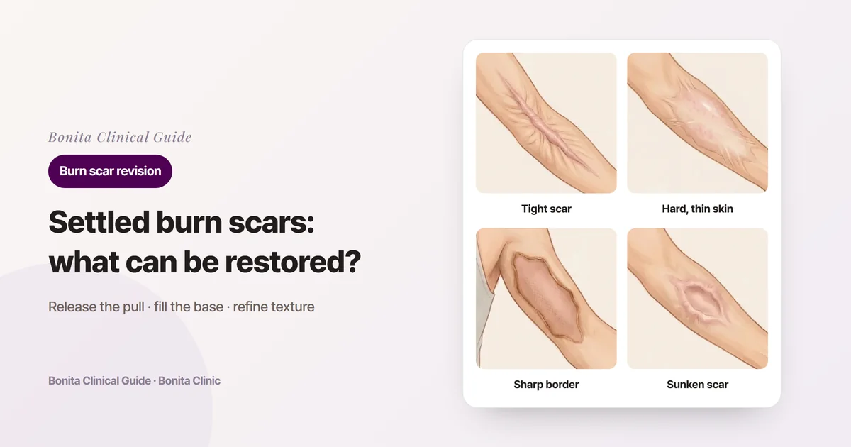 Four cards on an arm illustration: a thick scar band pulling across the inner elbow, hard, thinned scar skin on the forearm, a wide scar with a sharp border on the upper arm