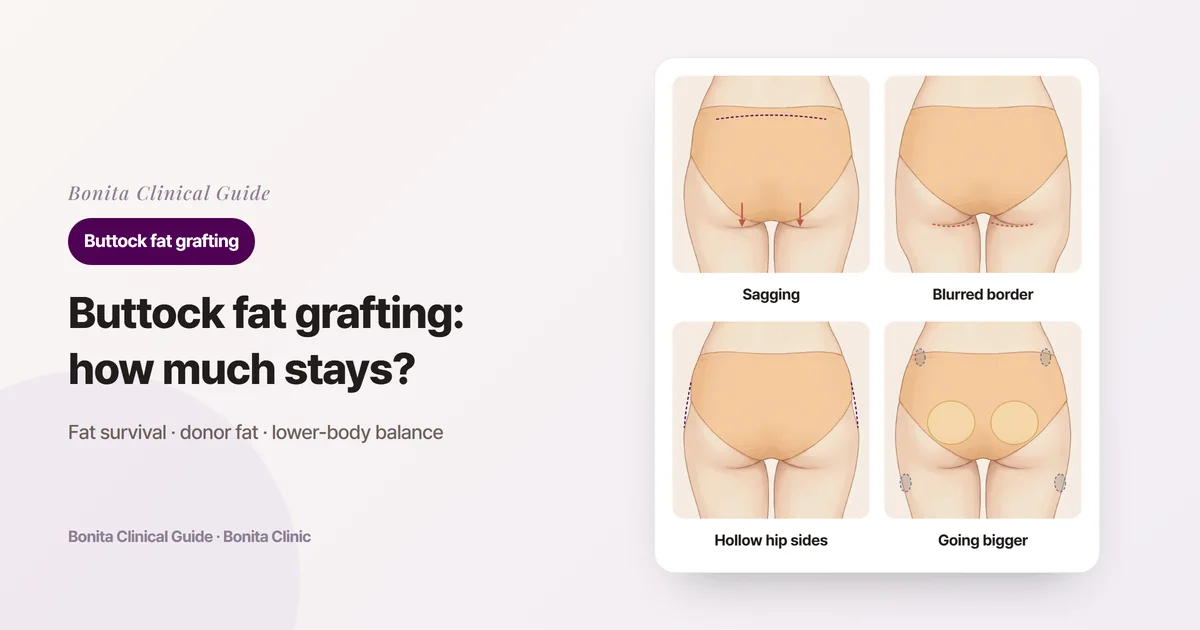 Four back-view illustrations of the buttocks marking sagging lower buttocks, a blurred border with the thigh, hollow sides of the hips, and, for a much larger size