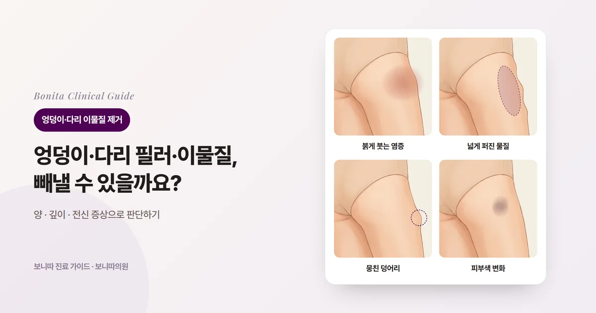 같은 엉덩이 뒷모습 네 장에 붉게 붓는 염증, 윤곽이 울퉁불퉁하게 넓게 퍼진 무른 물질, 경계가 분명하게 솟은 덩어리, 거무스름해진 피부를 그리고 각각 먼저 검토하는 방법을 적은 카드