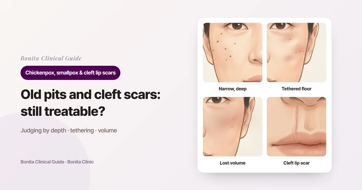 Three cheek illustrations showing narrow deep pits, tethered dips casting shadows and a broad loss of volume, and a lip illustration showing a cleft lip repair scar on the philtrum