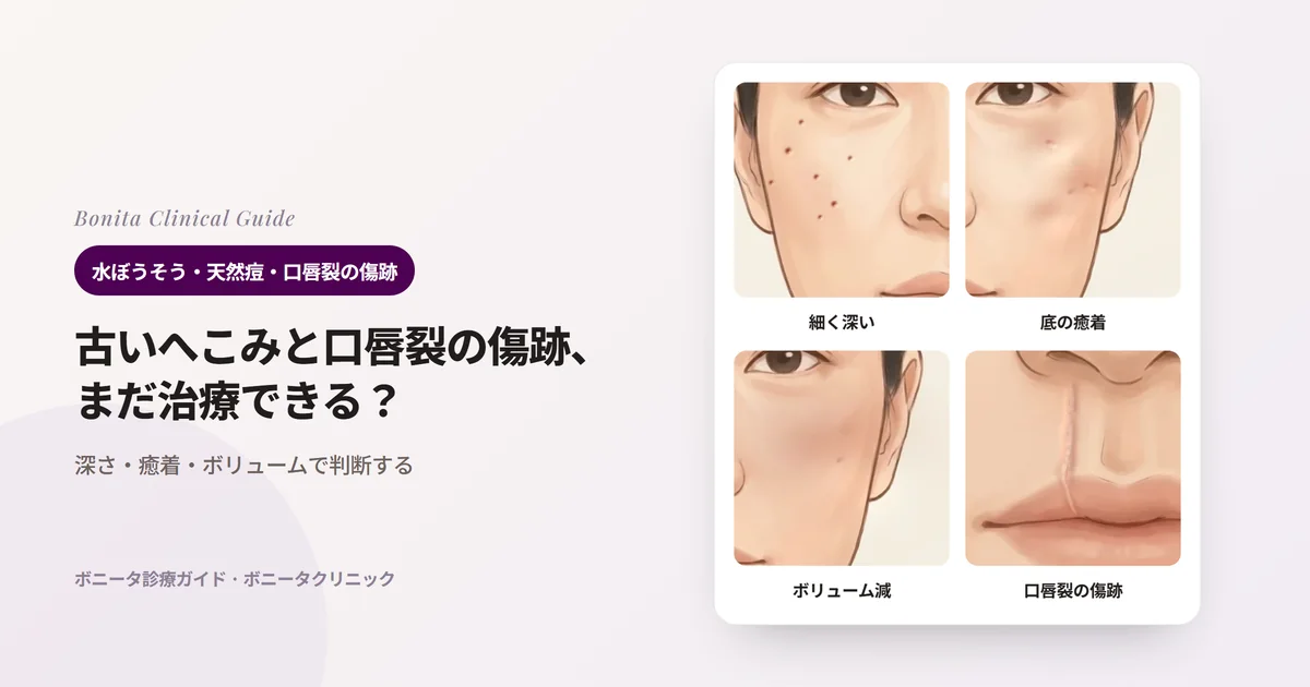 頬のイラスト3枚に細く深いへこみ、底が引き留められて影になるへこみ、広くボリュームが抜けた所を、唇のイラスト1枚に人中の口唇裂の手術の傷跡を描き、合う方法を書いたカード