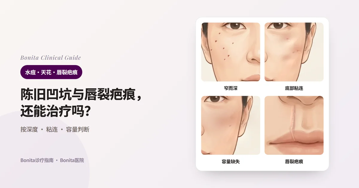 三张脸颊插画分别画出窄而深的凹坑、底部被牵住形成阴影的凹陷、大面积容量缺失,一张嘴唇插画画出人中的唇裂手术疤痕,并写出适合的方法