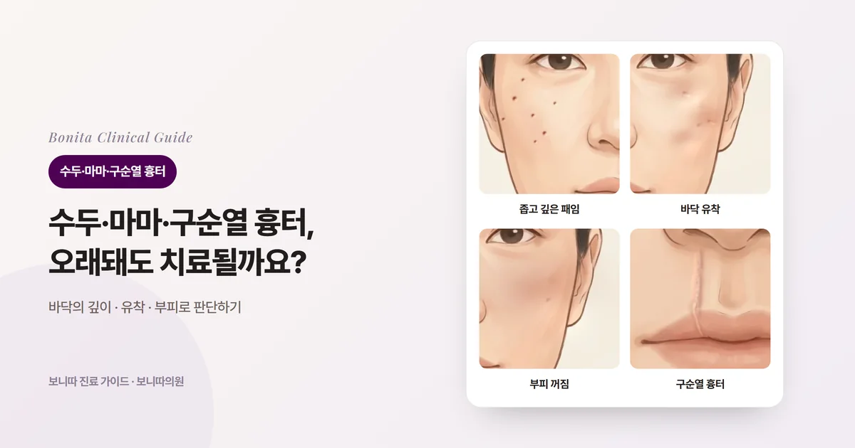 볼 삽화 세 장에 좁고 깊게 팬 자국, 바닥이 붙들려 그늘진 자국, 넓게 부피가 빠진 자리를, 입술 삽화 한 장에 인중의 구순열 수술 흉터를 그리고 맞는 방법을 적은 카드