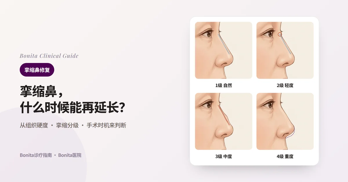 用同一张侧脸插图的四个版本表示硅胶假体后包膜挛缩的四个分级:外面看不出的假体(虚线)、边缘不自然的假体、偏斜的假体与变硬的皮肤、比原来轮廓(虚线)变短上翘的鼻尖