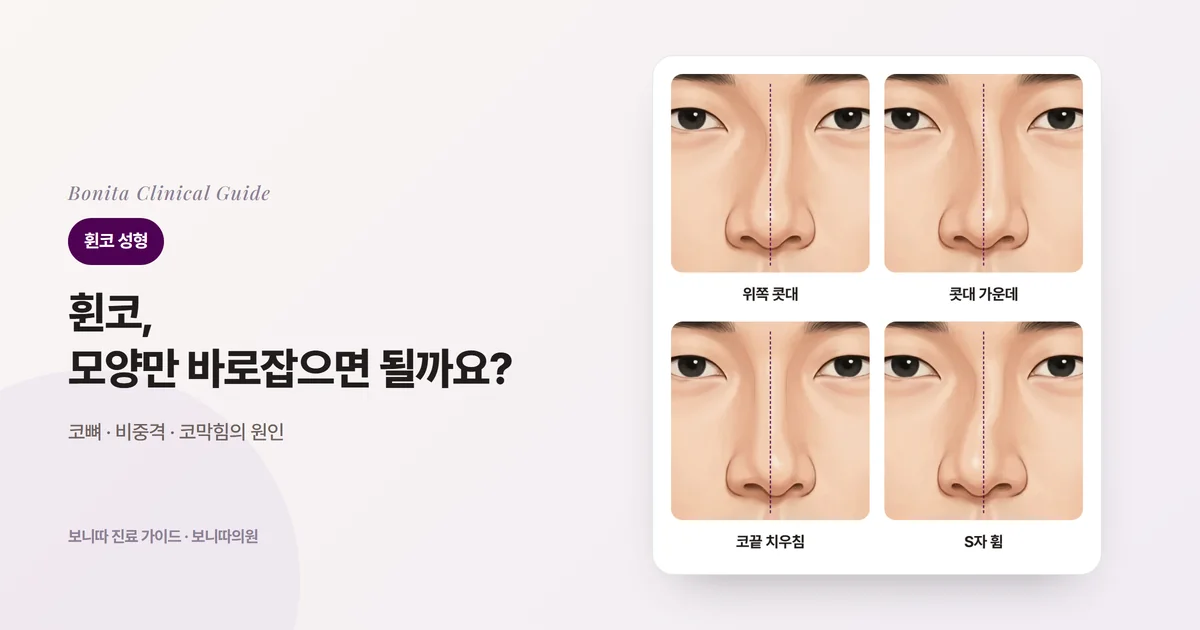 같은 사람의 정면 코 삽화 네 장과 얼굴 가운데 점선: 위쪽 콧대(코뼈)가 기운 경우, 콧대 가운데가 휜 경우, 콧기둥과 코끝이 한쪽으로 치우친 경우, S자로 휜 경우. 카드마다 검토하는 교정 방법을 적었다.