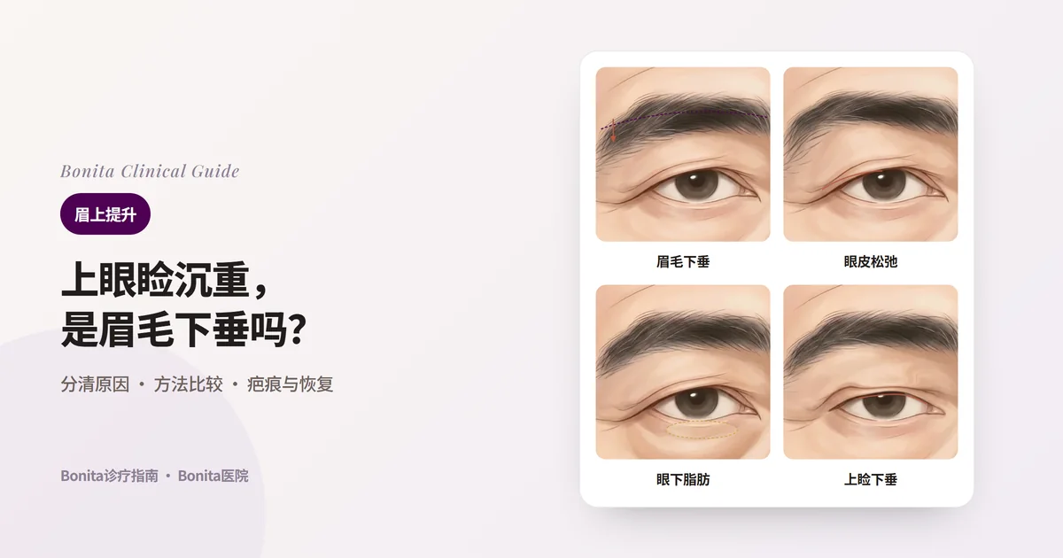 四张眼部插图卡片:眉毛下垂的眼睛、上眼睑皮肤松弛的眼睛、眼下脂肪突出的眼睛、眼睑边缘遮住黑眼珠的眼睛,以及各自优先考虑的方法