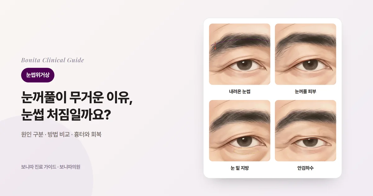 네 장의 눈 삽화 카드: 눈썹이 내려온 눈, 윗눈꺼풀 피부가 처진 눈, 눈 밑 지방이 나온 눈, 눈꺼풀이 눈동자를 덮은 눈과 각각 먼저 검토하는 방법