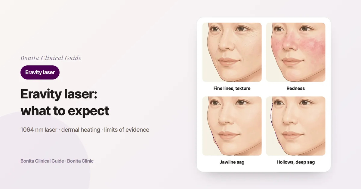 Four three-quarter face illustrations showing fine lines and rough texture around the eyes, redness on the cheeks and beside the nose, a jawline sagging below its original outline (dashed)