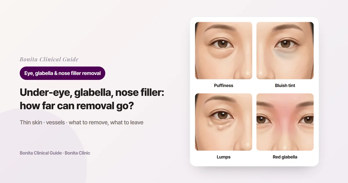 Four versions of the same face illustration showing months-long under-eye puffiness, a bluish tint under the eye, bumpy lumps, and a red, raised glabella and upper nose bridge