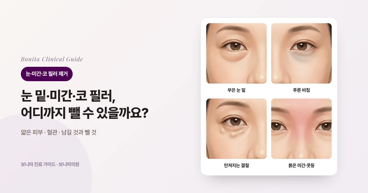 같은 얼굴 삽화 네 장에 몇 달째 부은 눈 밑, 푸르스름하게 비치는 눈 밑, 오돌토돌한 결절, 붉게 솟은 미간·콧등을 각각 그리고, 먼저 의심할 원인과 살펴볼 방법을 적은 카드