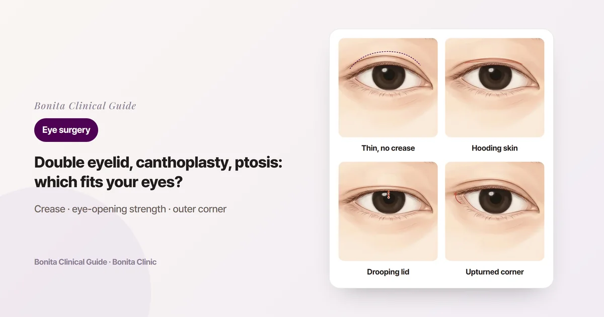 Four eye illustration cards: a thin lid without a crease, loose skin covering the crease, a lid covering the iris, and a short eye with an upturned outer corner, each with the surgery considered first