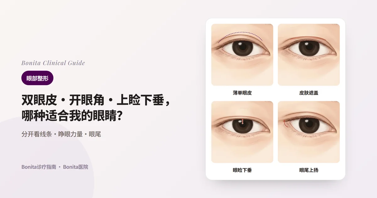 四张眼部插图卡片：没有双眼皮线且眼皮薄、松弛皮肤盖住线条、眼皮盖住黑眼珠、眼睛短且眼尾上扬，以及各自优先考虑的手术