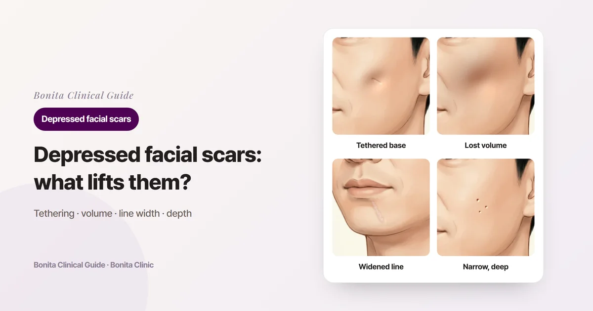 Four illustrations of the same face showing a cheek scar whose base is pulled in, a broad loss of volume in the cheek, a widened line scar running from below the lower lip to the chin