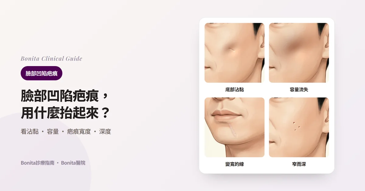 同一張臉的四張插畫分別畫出底部被往下拉的臉頰疤痕、大片容量流失的臉頰、從下唇下方到下巴變寬的線狀疤痕、窄而深的凹洞,並寫出主要考慮的方法