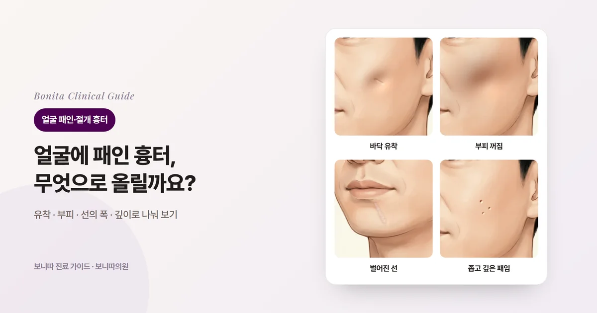 같은 얼굴 삽화 네 장에 바닥이 아래로 끌려 들어간 볼 흉터, 넓게 부피가 빠진 볼, 아랫입술 아래에서 턱으로 넓게 벌어진 선 흉터, 좁고 깊게 파인 흉터를 각각 그리고 주로 검토하는 방법을 적은 카드
