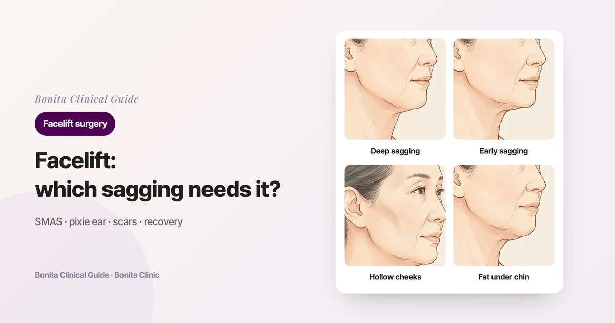 Four side-view illustrations of the same woman in her fifties: sagging jowls with loose neck skin, early sagging, hollow cheeks, and fat under the chin, each with the approach considered first