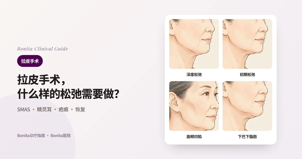 同一位50多岁女性的四张侧脸插画：下颌赘肉下垂与颈部皮肤松弛、初期松弛、面颊凹陷、下巴下方脂肪较多，并写明各自优先考虑的方法