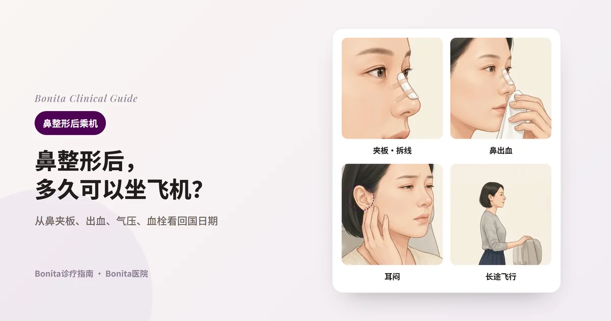 同一位女性的四张插图:鼻梁贴着鼻夹板的侧脸、用干净纸巾轻按鼻下、在飞机座位上轻触耳朵下方、站在机舱过道扶着椅背活动身体。每张卡片写明飞行前后需要确认的事项。