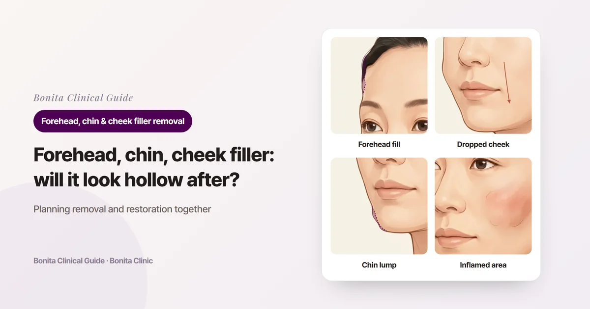 Four versions of the same face illustration showing a forehead bulging with widely spread material, a cheek that has dropped and grown heavy, a lump raised on the chin, and a red, swollen cheek