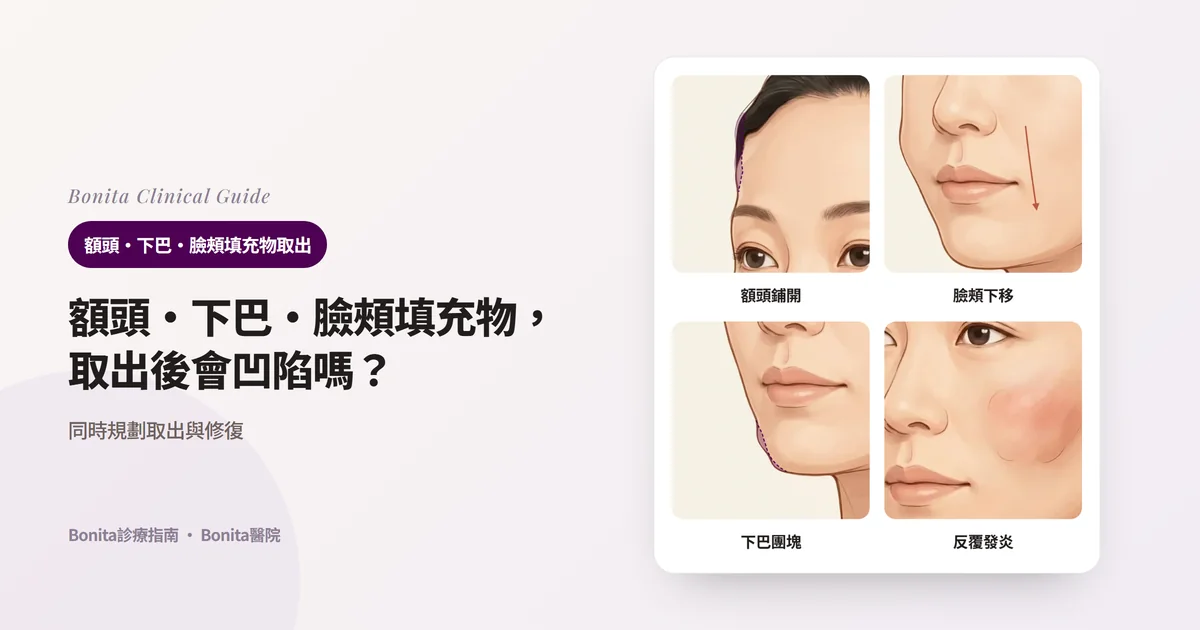 同一張臉的四幅插圖,分別畫出大面積注入而鼓起的額頭、下移變沉的臉頰、團塊隆起的下巴尖、發紅腫脹的臉頰,並寫出取出物質後要一起考慮的變化。額頭和下巴尖標示了物質撐起的體積。
