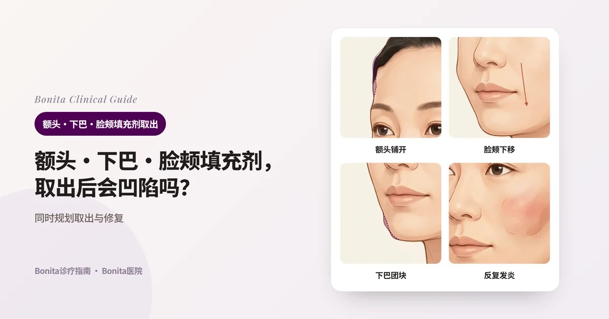 同一张脸的四幅插图,分别画出大面积注入而鼓起的额头、下移变沉的脸颊、团块隆起的下巴尖、发红肿胀的脸颊,并写明取出物质后要一起考虑的变化。额头和下巴尖标出了物质撑起的体积。