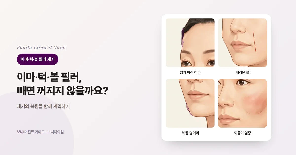 같은 얼굴 삽화 네 장에 넓게 펴 넣어 불룩한 이마, 아래로 내려와 무거워진 볼, 덩어리가 솟은 턱 끝, 붉게 부은 볼을 각각 그리고, 물질을 뺀 뒤 함께 생각할 변화를 적은 카드. 이마와 턱 끝에는 물질이 만든 부피를 표시했다.