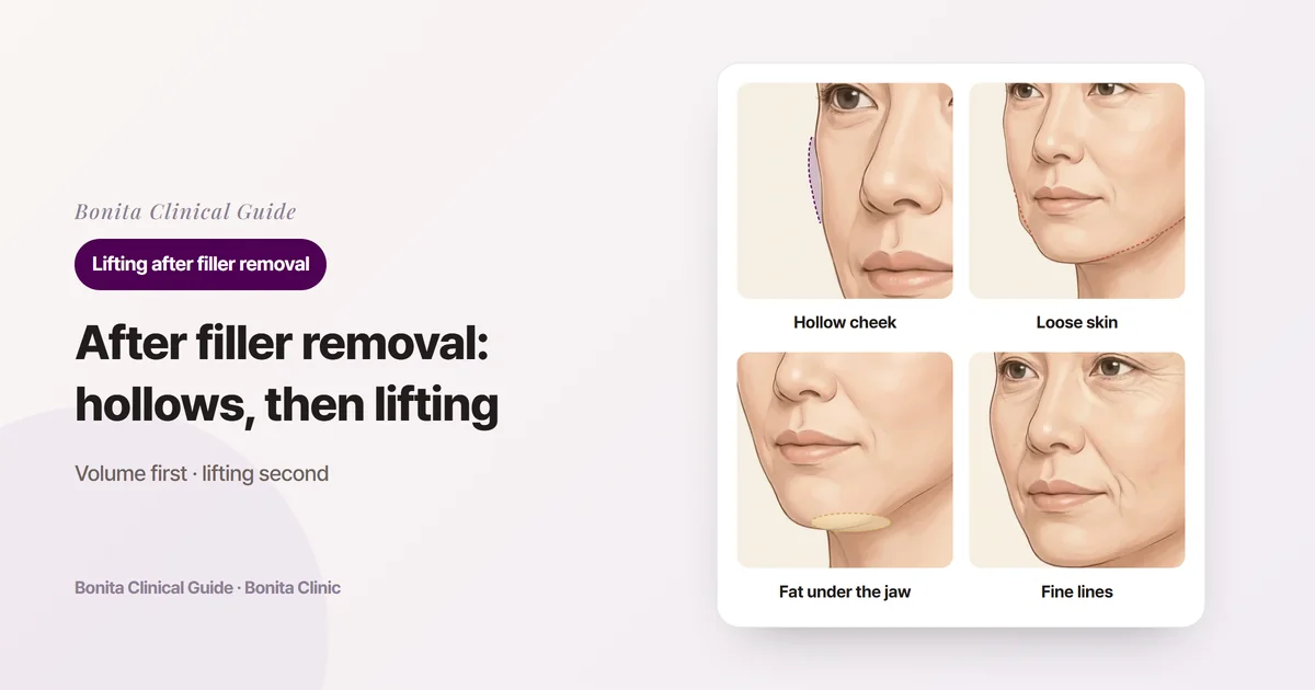 Four cards on the same three-quarter face: a hollow cheek, the lower jaw and jawline sagging after material came out, fat hanging under the jawline, and fine lines by the mouth and under the eyes