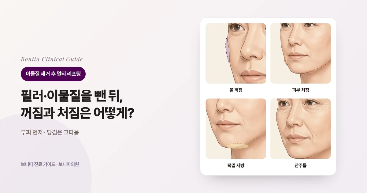 같은 비스듬한 얼굴 네 장에 한쪽 볼이 꺼진 모습, 물질이 빠진 뒤 아래턱과 턱선이 처진 모습, 턱선 아래로 지방이 처진 모습, 팔자와 눈 밑의 잔주름을 그리고 각각 고르는 방법을 적은 카드