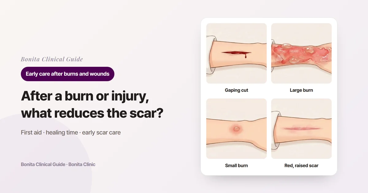 Four cards on a forearm illustration: a bleeding, gaping cut, a large burn with blisters, a coin-sized small burn, and a healed but red, raised scar, each with what to do first