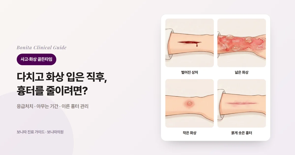 아래팔 삽화 네 장에 피가 나며 벌어진 상처, 물집이 잡힌 넓은 화상, 동전만 한 작은 화상, 아물었지만 붉게 솟은 흉터를 각각 그리고 먼저 할 일을 적은 카드