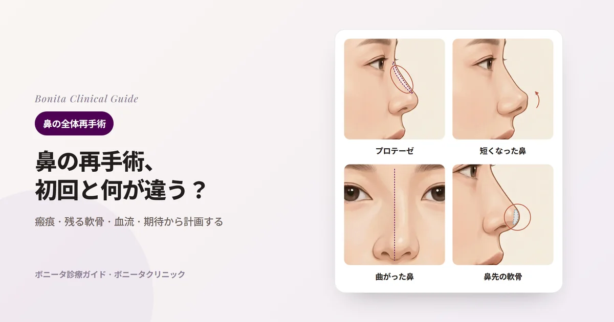 鼻の再手術でよくある四つの理由を横顔と正面のイラストに示したカード：鼻筋のプロテーゼの問題、シリコン手術後に短くなった鼻、曲がった鼻、鼻先の軟骨の問題