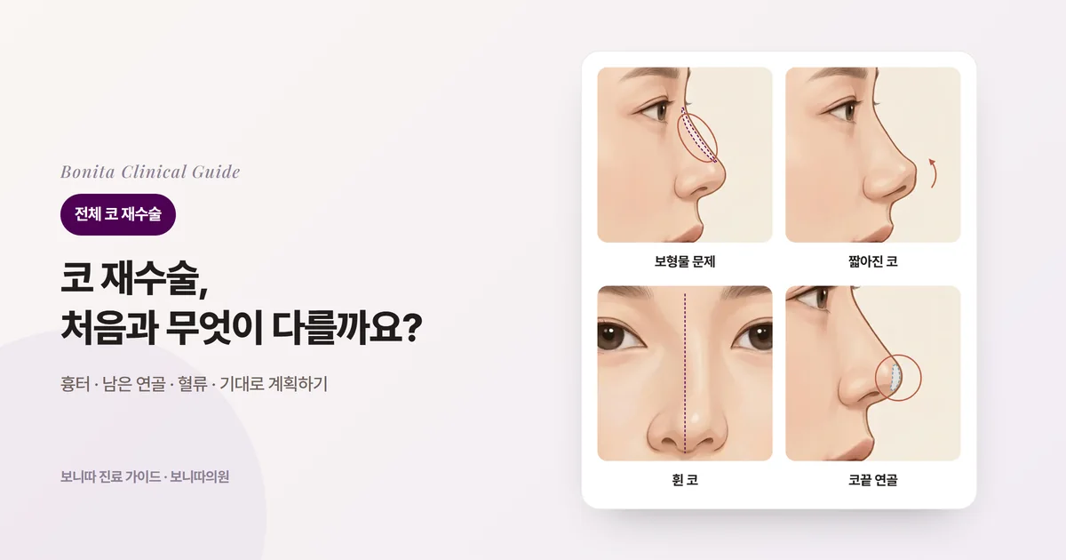 코 재수술의 흔한 원인 네 가지를 옆얼굴과 정면 삽화에 표시한 카드: 콧대 보형물 문제, 실리콘 수술 뒤 짧아진 코, 휜 코, 코끝 연골 문제